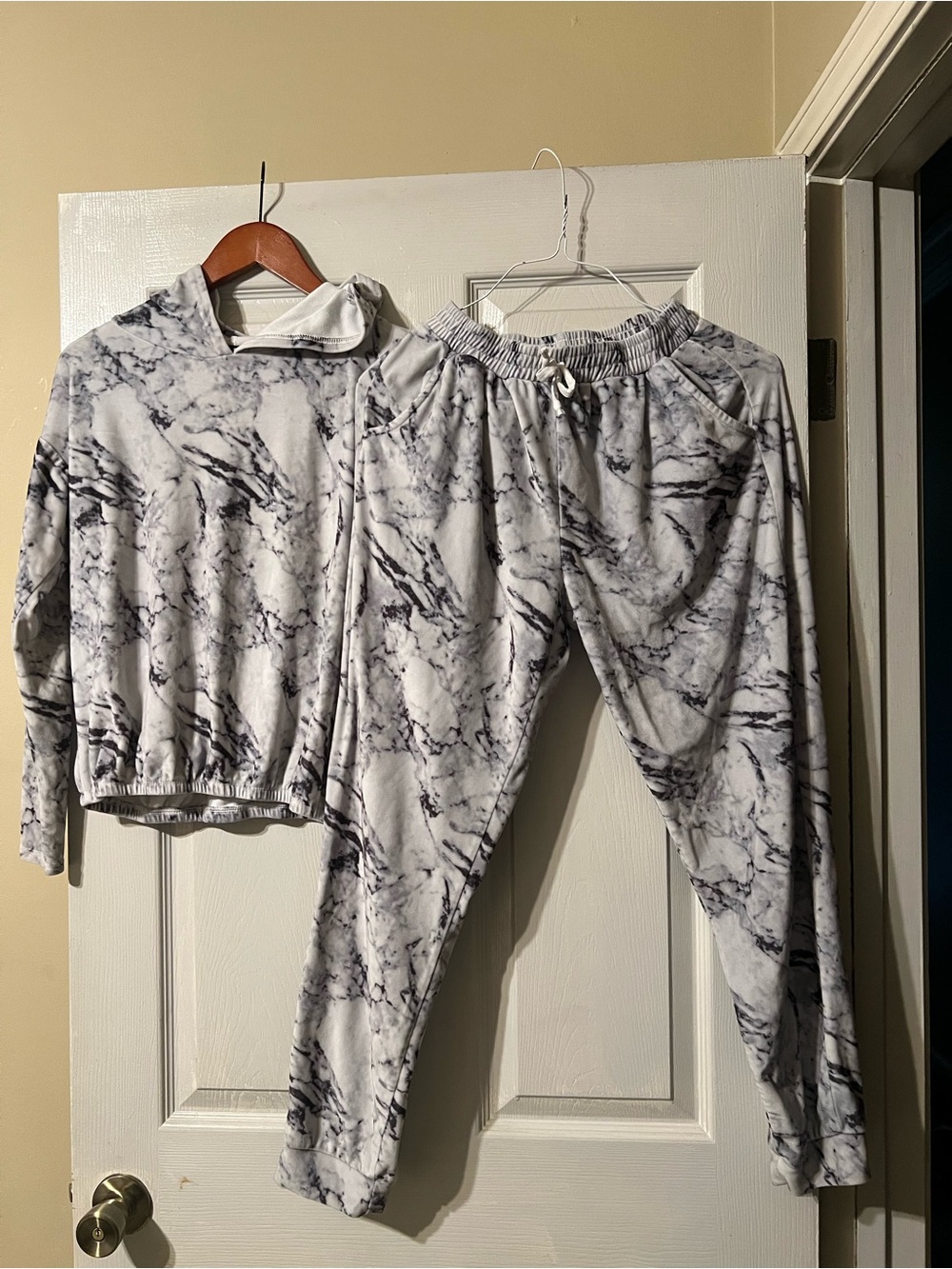 Kids Marble-Print Hooded  Set - Gray & White
